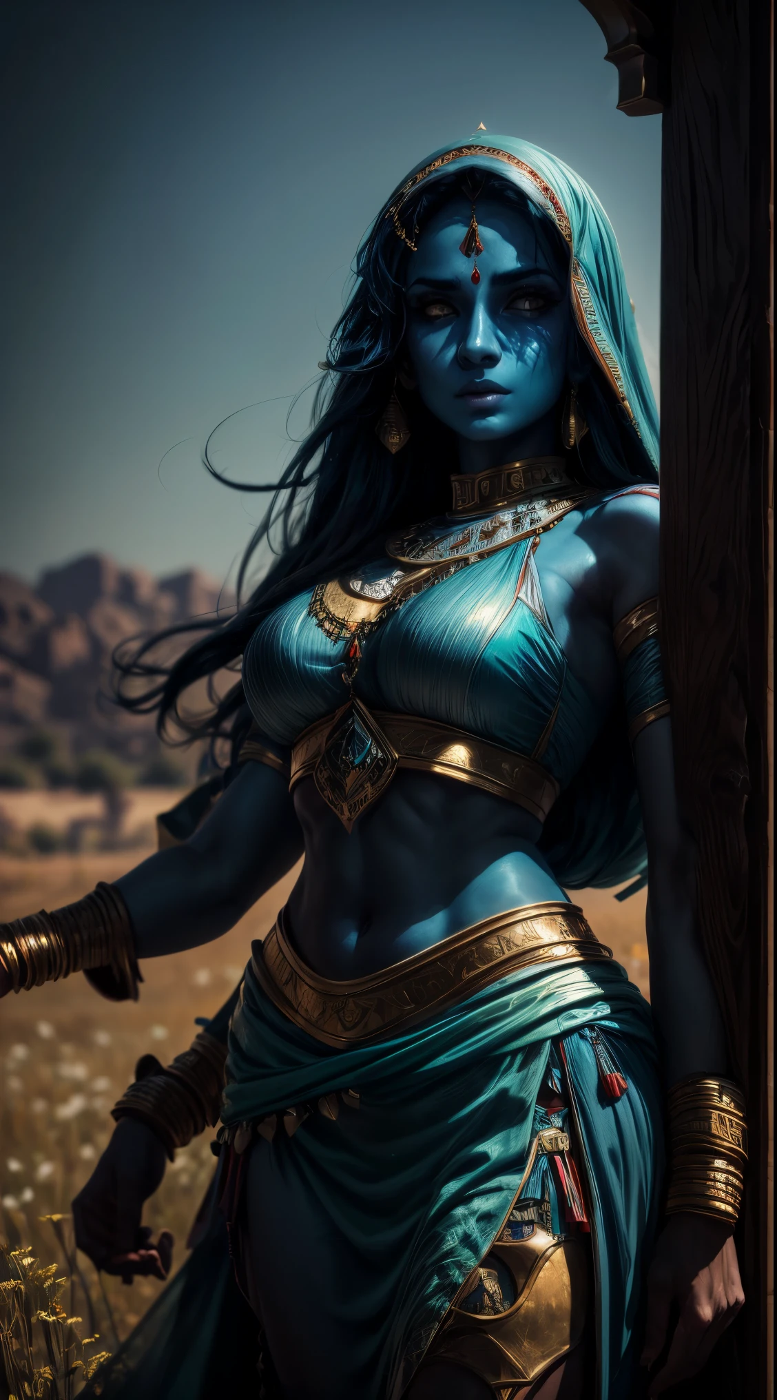 arab woman, blue skin, she has four arms, arabic swords on each hand, indian woman, arabian rogue battle white clothes, arabic swords, field background  (best quality,4k,8k,highres,masterpiece:1.2), HDR,UHD,studio lighting,ultra-fine painting,sharp focus,physically-based rendering,extreme detail description,professional, 