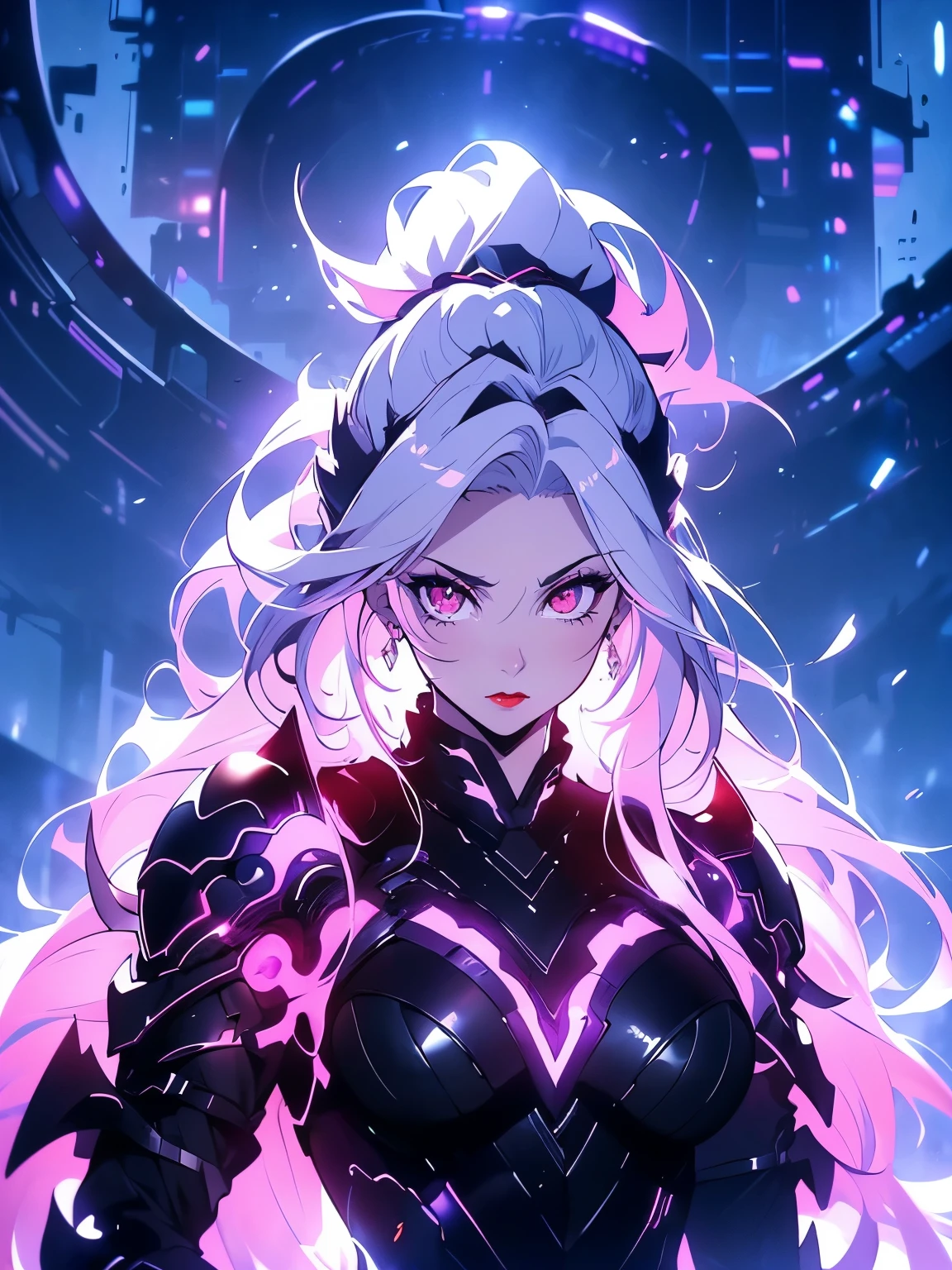 anime, (artwork, best quality, ultra-detailed, high contrast), 1 woman (Alone, full body, plus size body, standing on the edge of the skyscraper, silver hair, LONG In a ponytail, red eyes (detailed eyes), passionate expression, red lips (perfect lips), ruby sparkles, (simple black qipao), high heel boots neon pink), transparent black socks), (skyscraper roof, overlooking a city, detailed background ((night time, Darkness, low light pollution))) face in close