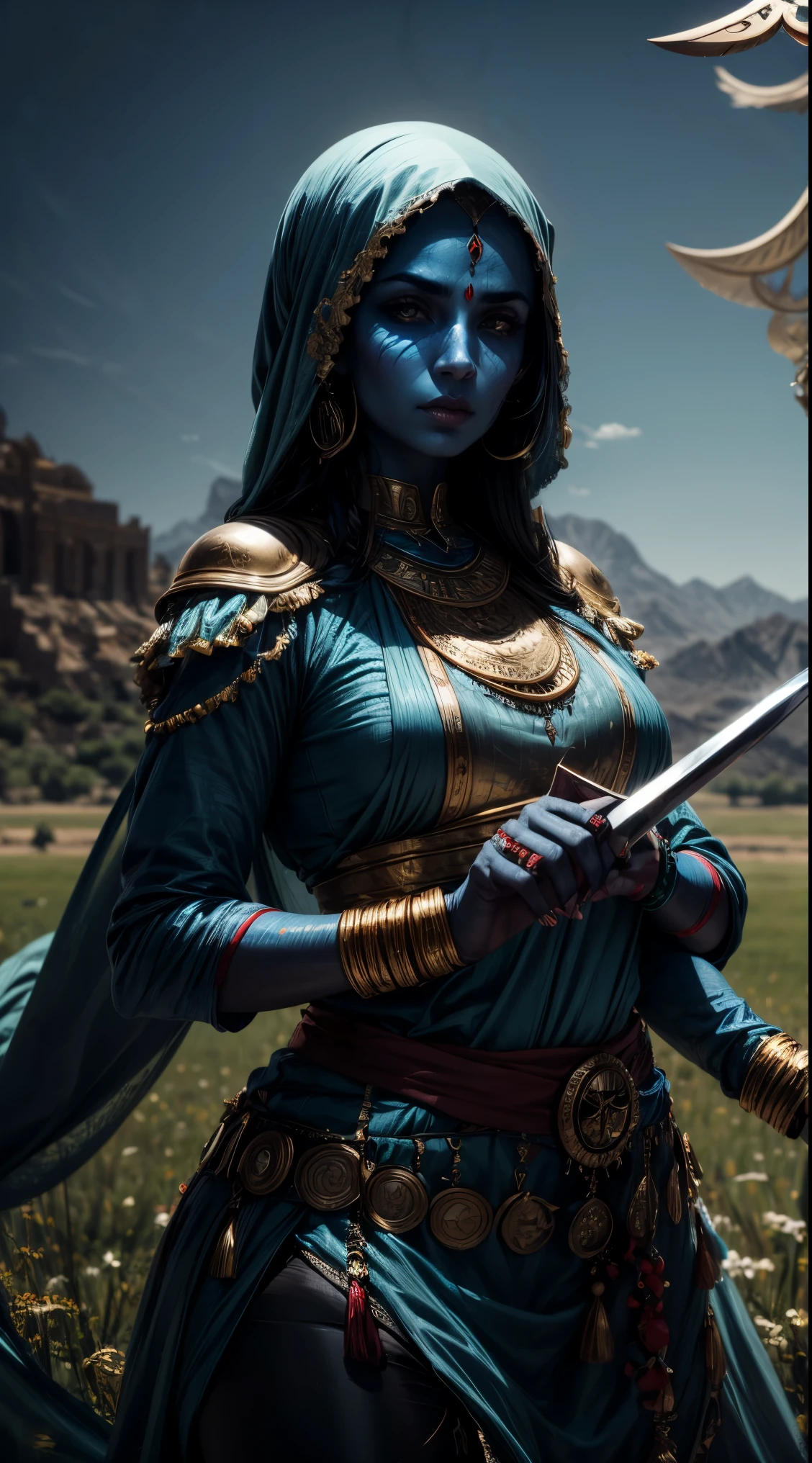 arab woman, blue skin, she has four arms, arabic swords on each hand, indian woman, arabian rogue battle clothes, arabic swords, field background