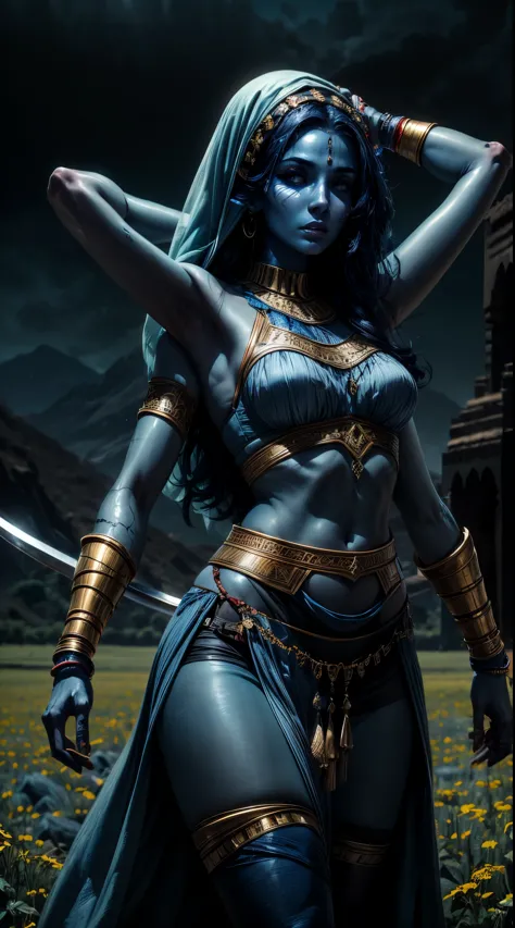 arab woman, (((blue skin))), she has (((four arms))), black hair, arabic swords on each hand, indian woman, arabian rogue battle...
