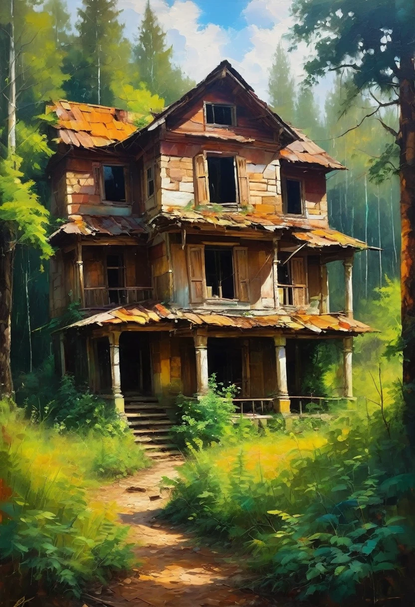 (Old abandoned house deep in the forest) Rich palette, special writing technique. Synthesis of primitive forms with the construction of painting techniques, aesthetics, oil painting. An old dilapidated house that has retained its beauty and charm. Thematic art of life. Visual poetry transcends traditional boundaries and confronts the dynamic interplay of creativity and technology.
