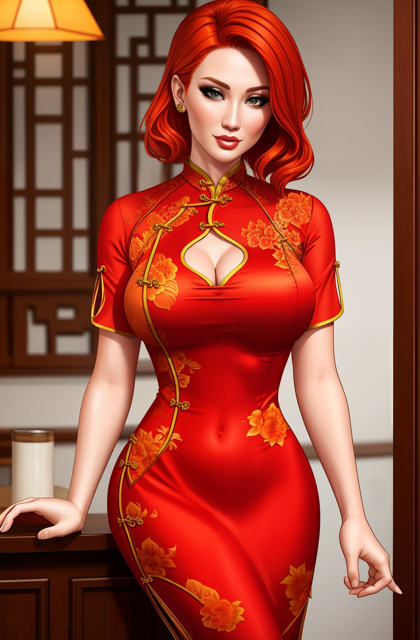 Jennifer Corbin, pelirrojo, cheongsam