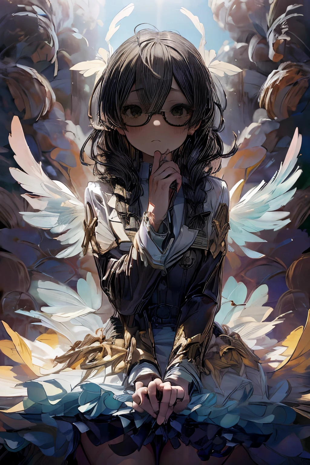 masterpiece, superfine illustration, best quality, 1girl, (1boy:1.5), (cfnm:1.3), pov, (penis), (handjob:1.5), chifuyuperson, (hair over eyes:1.3), glasses, (wings), angelic halo, cruel, serious, expressionless, emotionless, (very tired)