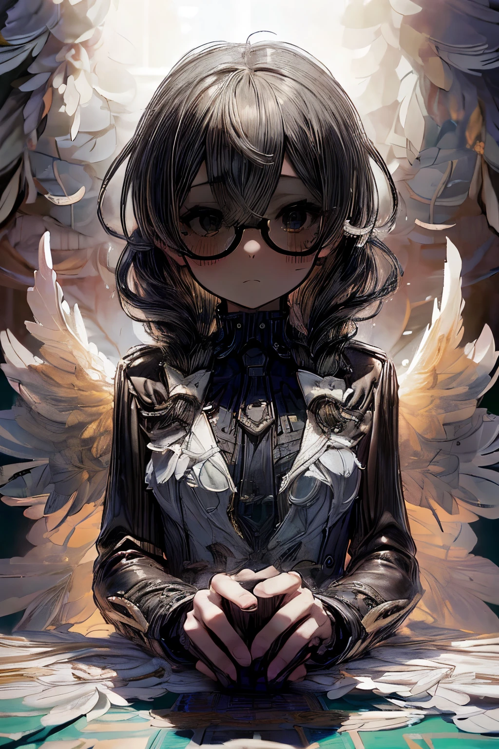 masterpiece, superfine illustration, best quality, 1girl, (1boy:1.5), (cfnm:1.3), pov, (penis), (handjob:1.5), chifuyuperson, (hair over eyes:1.3), glasses, (wings), angelic halo, cruel, serious, expressionless, emotionless, (very tired)