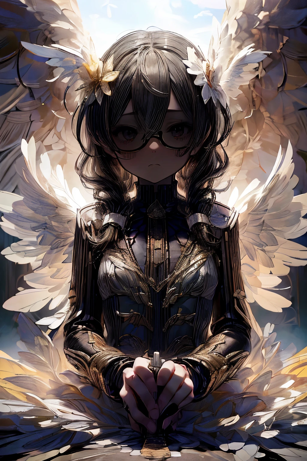 masterpiece, superfine illustration, best quality, 1girl, (1boy:1.5), (cfnm:1.3), pov, (penis), (handjob:1.5), chifuyuperson, (hair over eyes:1.3), glasses, (wings), angelic halo, cruel, serious, expressionless, emotionless, (very tired)