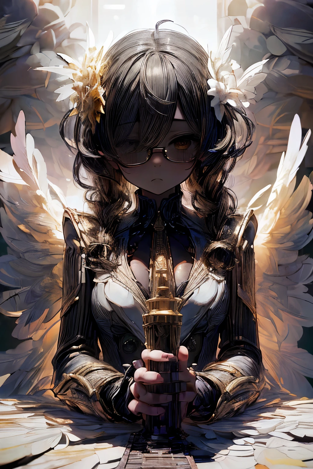 masterpiece, superfine illustration, best quality, 1girl, (1boy:1.5), (cfnm:1.3), pov, (penis), (handjob:1.5), chifuyuperson, (hair over eyes:1.3), glasses, (wings), angelic halo, cruel, serious, expressionless, emotionless, (very tired)