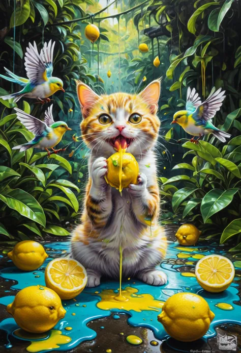 lemon eating challenge, Baby Cat eating a lemon with a kawaii face in a colorful jungle with tiny birds around him, graffiti art...