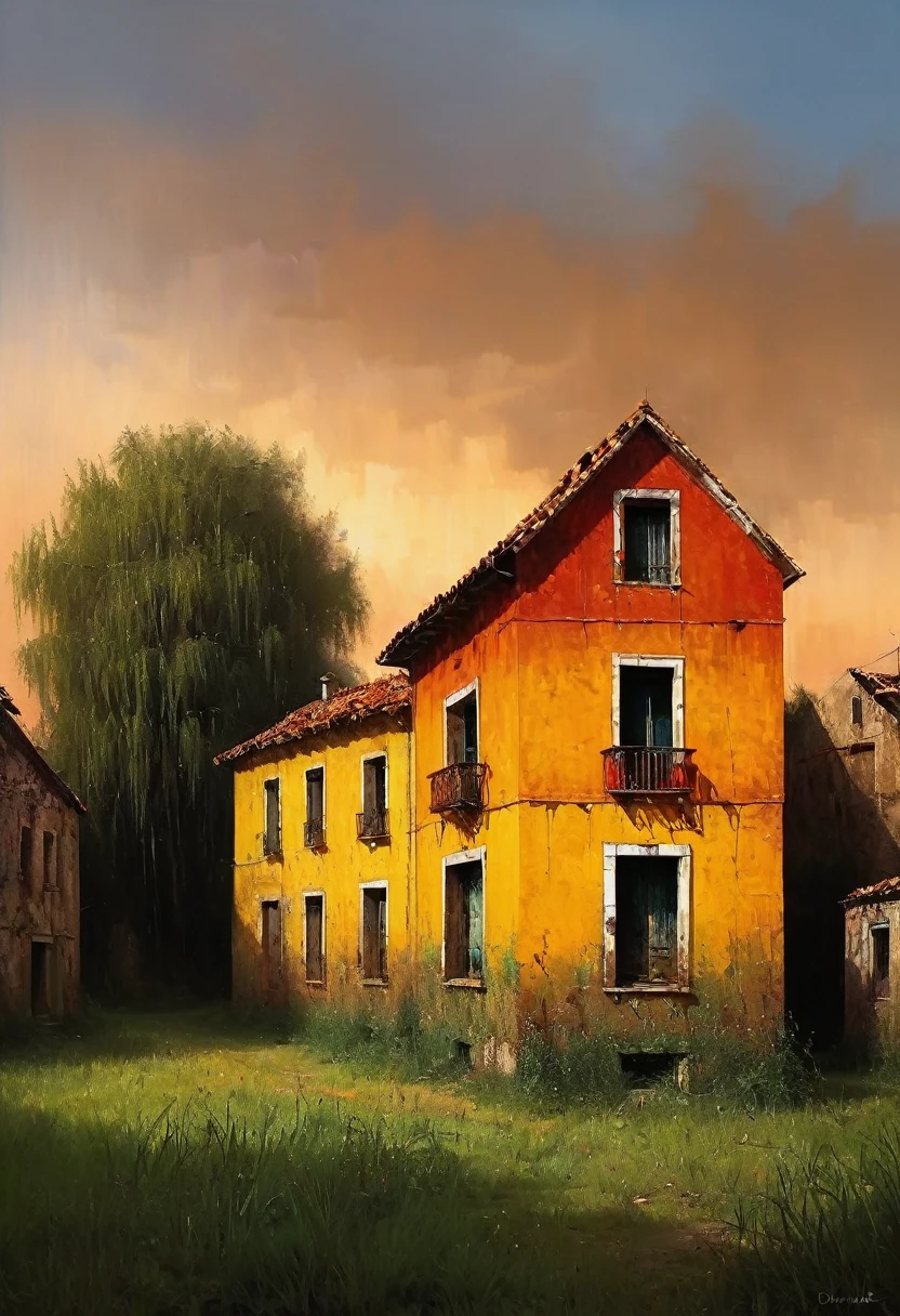 ((Empty city, cursedly forgotten, gloomy)) in the style of primitivism. (David Martiashvili). Rich palette, special writing technique. Synthesis of primitive forms with the construction of painting techniques... aesthetics. colorful oil painting. Old dilapidated houses that have retained their beauty and charm. Thematic Life Art (Conceptual Art) (NFT Exclusive) (Fauve Artworks) Visual poetry transcends traditional boundaries and encounters the dynamic interplay of creativity and technology, dripping paint. retro: 1.3, earthy light brown, punk, happy, optimistic, Jerome Jerome Jerome, Gabriel Pacheco: 1.3 retro lighting, minimalism.
