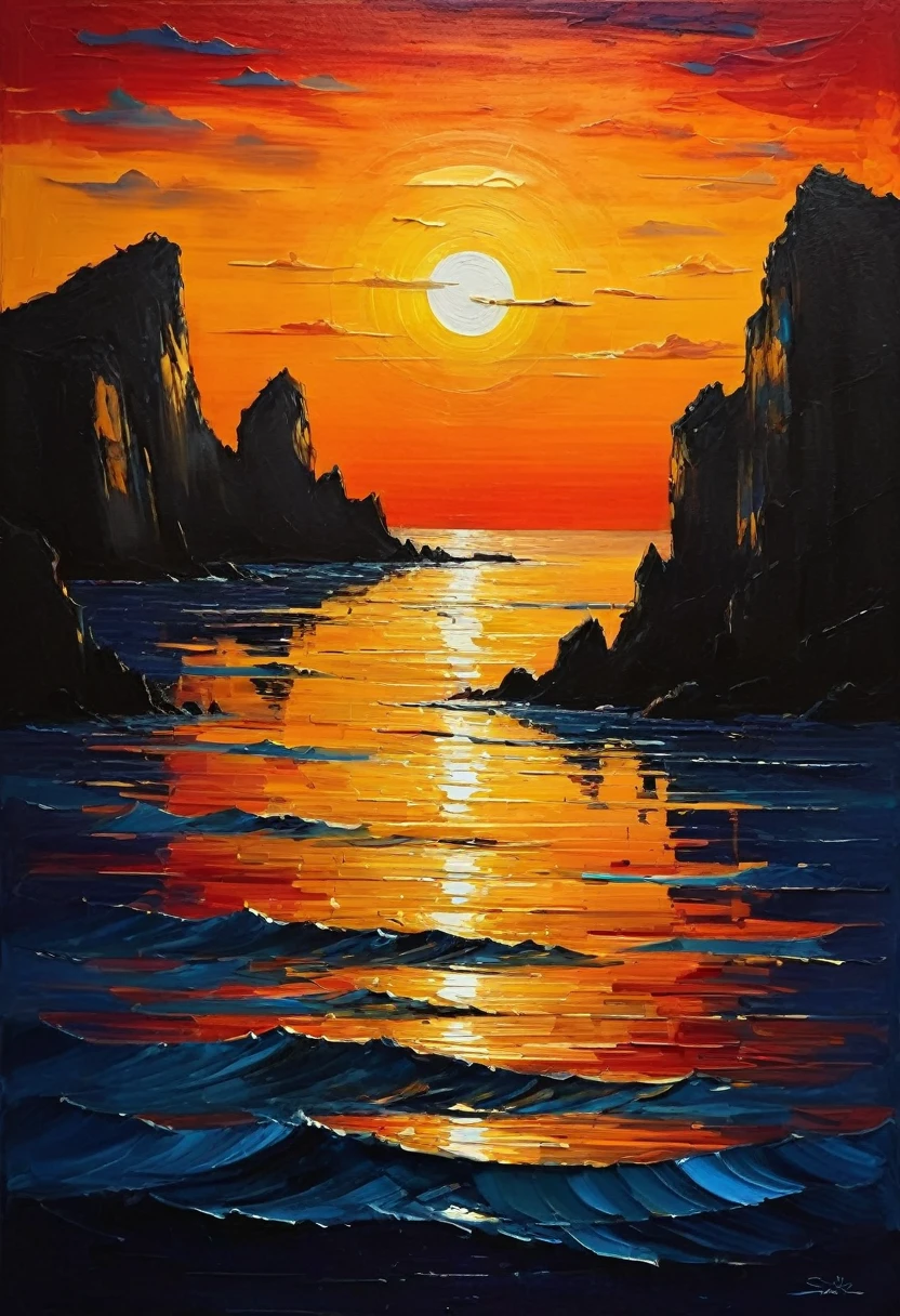 (pôr do sol do oceano) no estilo do primitivismo.  Paleta rica, técnica especial de escrita. Síntese de formas primitivas com construção de técnicas de pintura... estética, Beleza e charme. Arte Temática da Vida A poesia visual transcende as fronteiras tradicionais e confronta a interação dinâmica da criatividade e da tecnologia.
