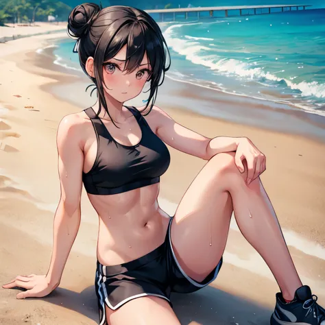 1girl, black hair in a bun, athletic body, sweaty, wearing a sports bra and running shorts, sitting on a beach next to a track