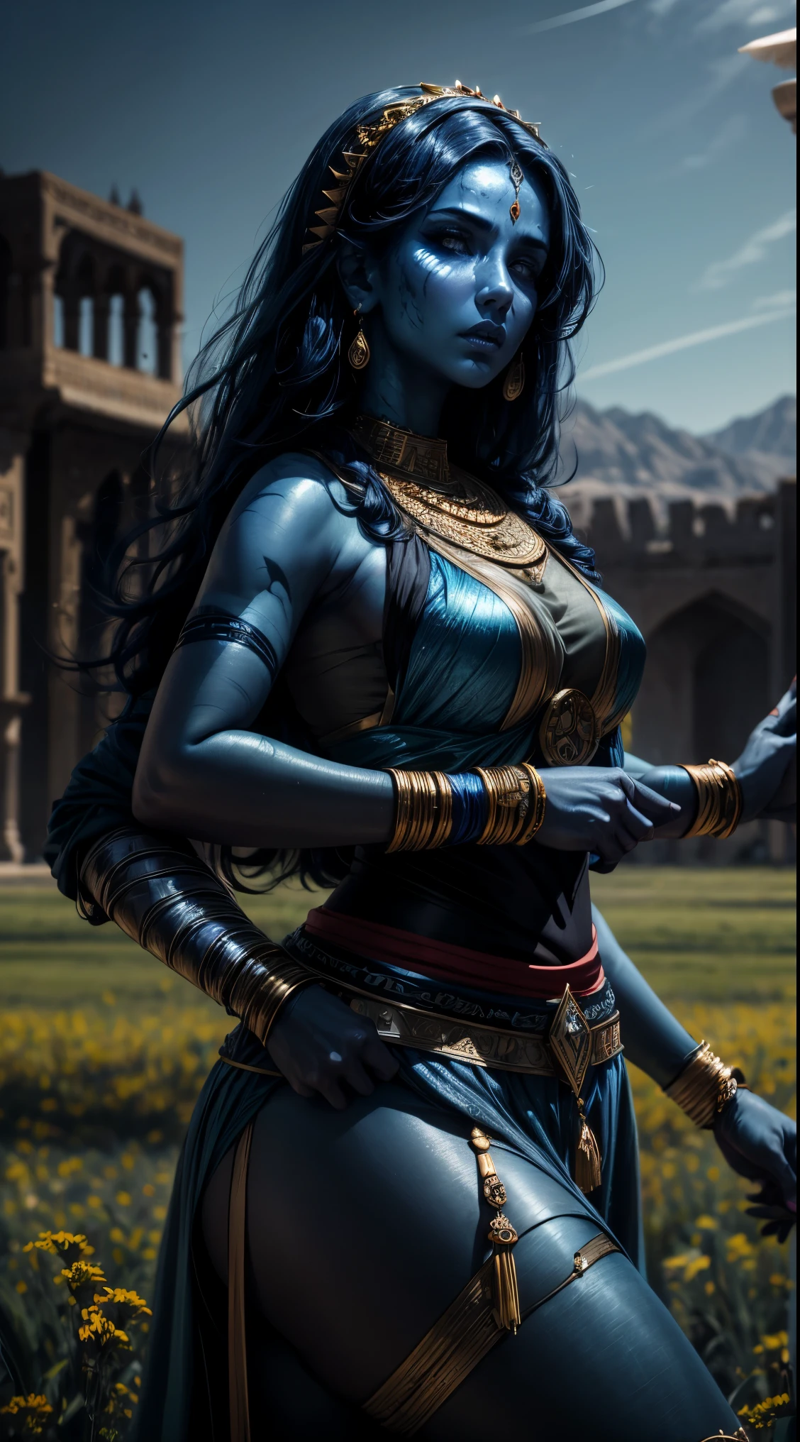 arab woman, (((blue skin))), she has (((four arms))), black hair, arabic swords on each hand, indian woman, arabian rogue battle clothes, arabic swords, field background