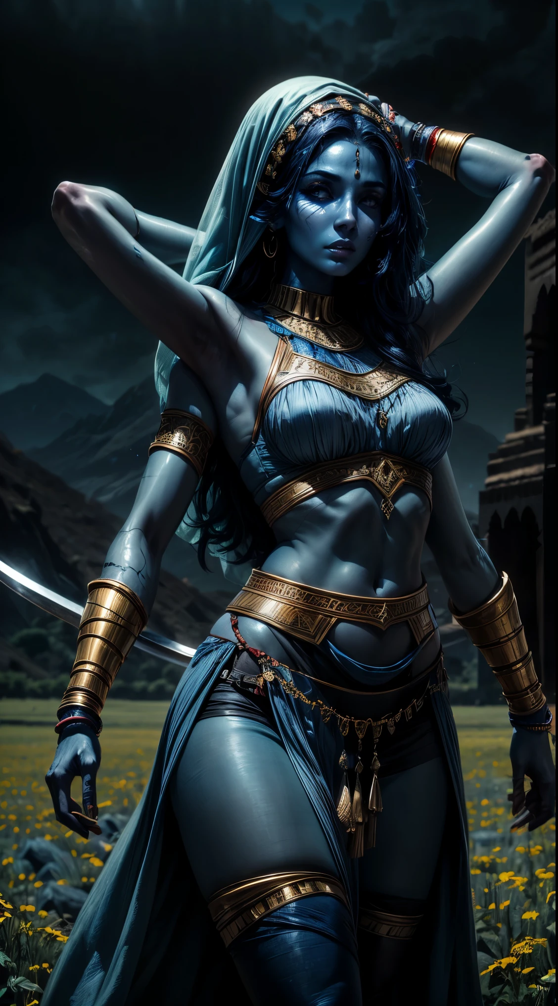 arab woman, (((blue skin))), she has (((four arms))), black hair, arabic swords on each hand, indian woman, arabian rogue battle clothes, arabic swords, field background