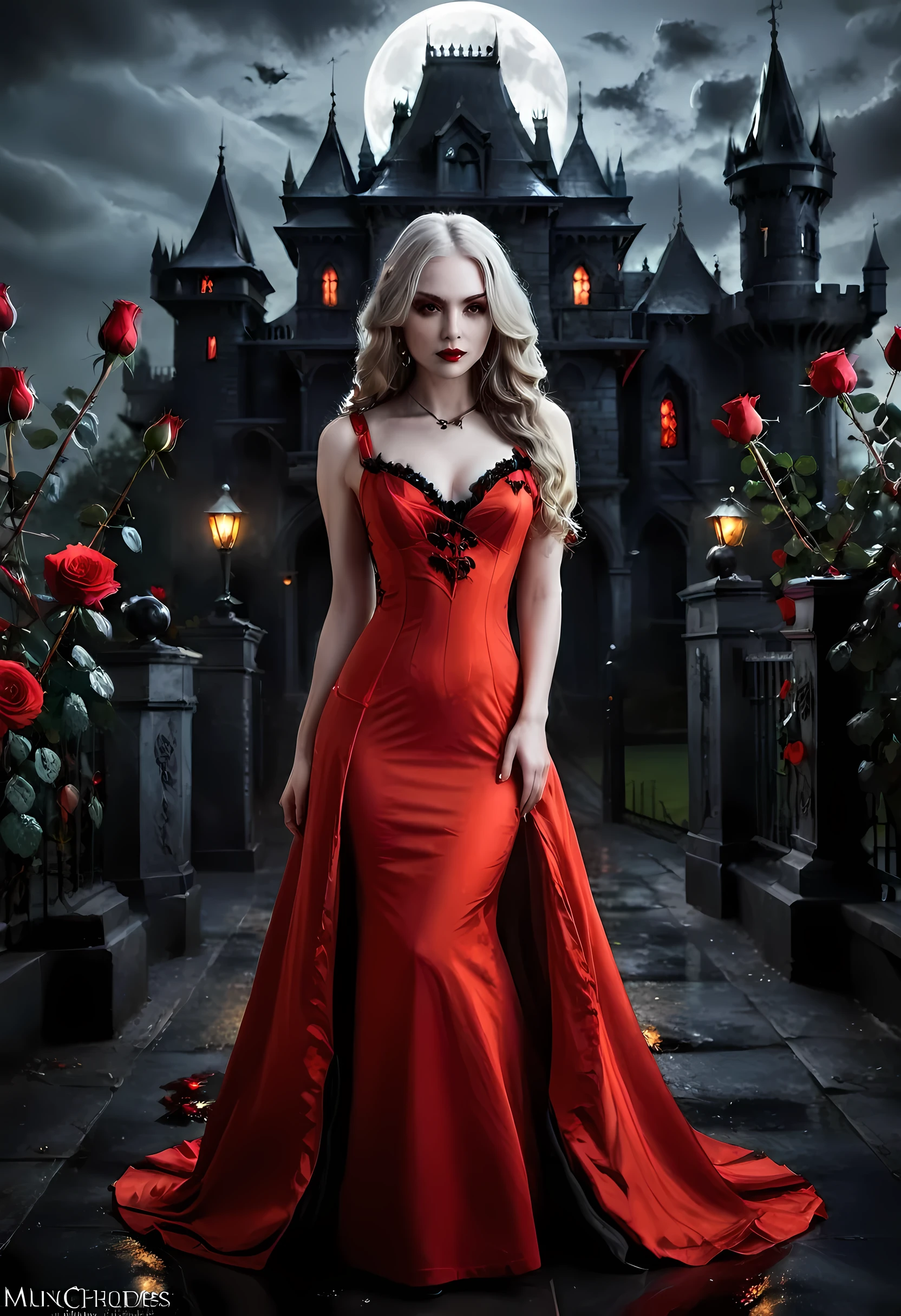 Dark arte de fantasia, arte de fantasia, arte gótica,  uma foto de uma vampira, beleza requintada, tiro de corpo inteiro, escuro glamour shot,  pele branca pálida, escuro blond hair, cabelo longo, cabelo ondulado, (cinza brilhante: 1.3) olhos,  ela usa um (vermelho: 1.3) vermelho dress, ArmovermelhoDress, as rosas estão impressas no vestido (preto: 1.4)  preto roses betmd, salto alto, escuro castle porchm, escuro, preto and colorm, Estilo de pintura de arte escura