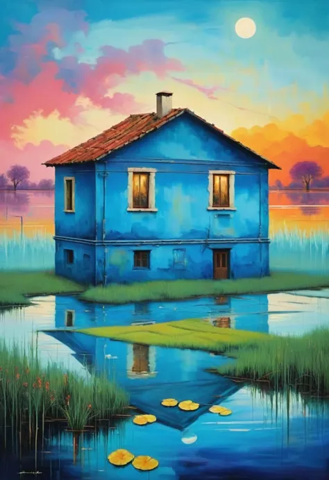 Flood House in the center of the field, everything is flooded with water all around in the style of primitivism. (David Martiash...