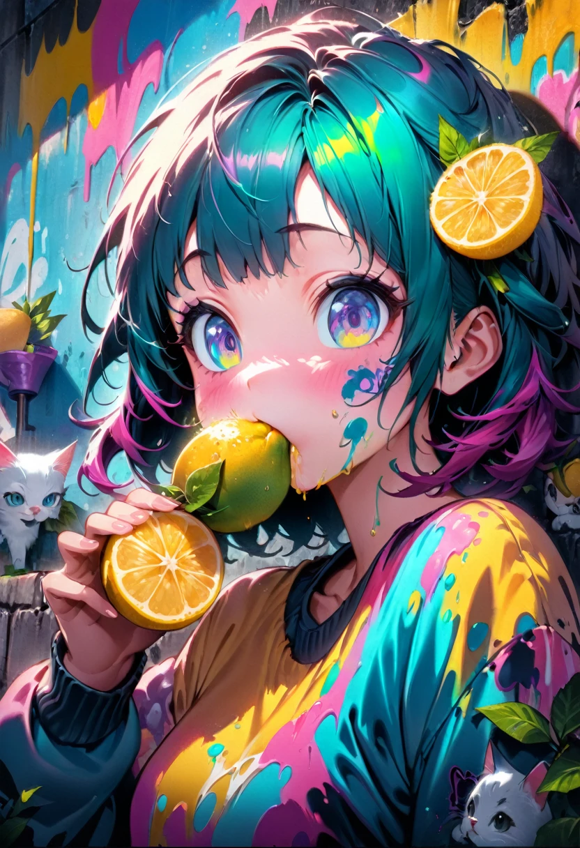 lemon eating challenge, Baby Cat eating a lemon with a kawaii face in a colorful jungle with tiny birds around him, graffiti art, splash art, street art, spray paint, oil gouache melting, acrylic, high contrast, colorful polychromatic, ultra detailed, ultra quality, CGSociety