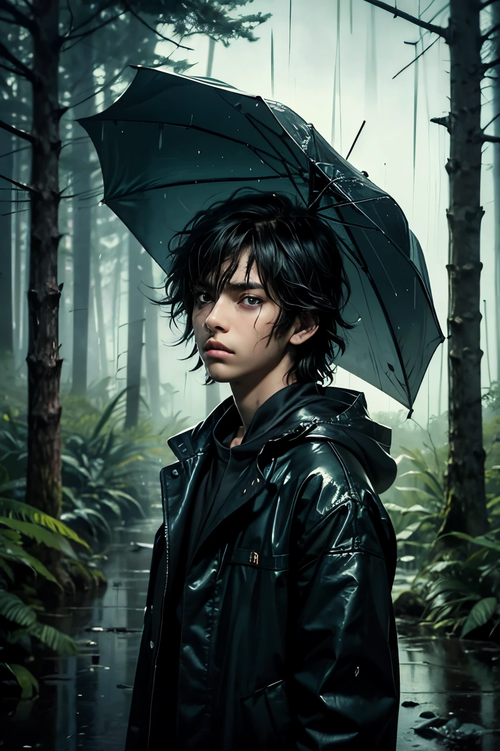 masterpiece, superfine illustration, best quality, 1boy, , (8 years old), solo, cute, semi long black hair, (messy hair:1.3), rain coat, serious, emotionless, expressionless, mysterious, rainy forest