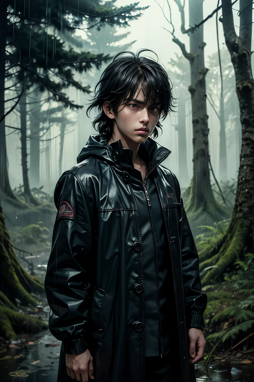 masterpiece, superfine illustration, best quality, 1boy, , (8 years old), solo, cute, semi long black hair, (messy hair:1.3), rain coat, serious, emotionless, expressionless, mysterious, rainy forest