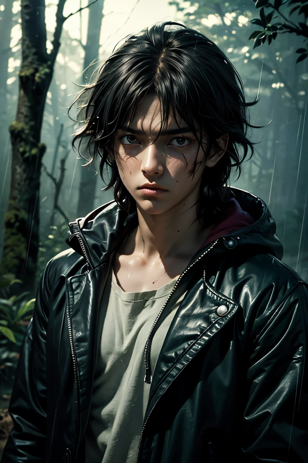 masterpiece, superfine illustration, best quality, 1boy, , (8 years old), solo, cute, semi long black hair, (messy hair:1.3), rain coat, serious, emotionless, expressionless, mysterious, rainy forest