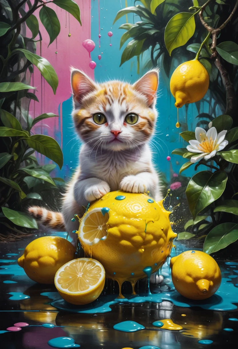lemon eating challenge, Baby Cat eating a lemon with a kawaii face in a colorful jungle with tiny birds around him, graffiti art, splash art, street art, spray paint, oil gouache melting, acrylic, high contrast, colorful polychromatic, ultra detailed, ultra quality, CGSociety