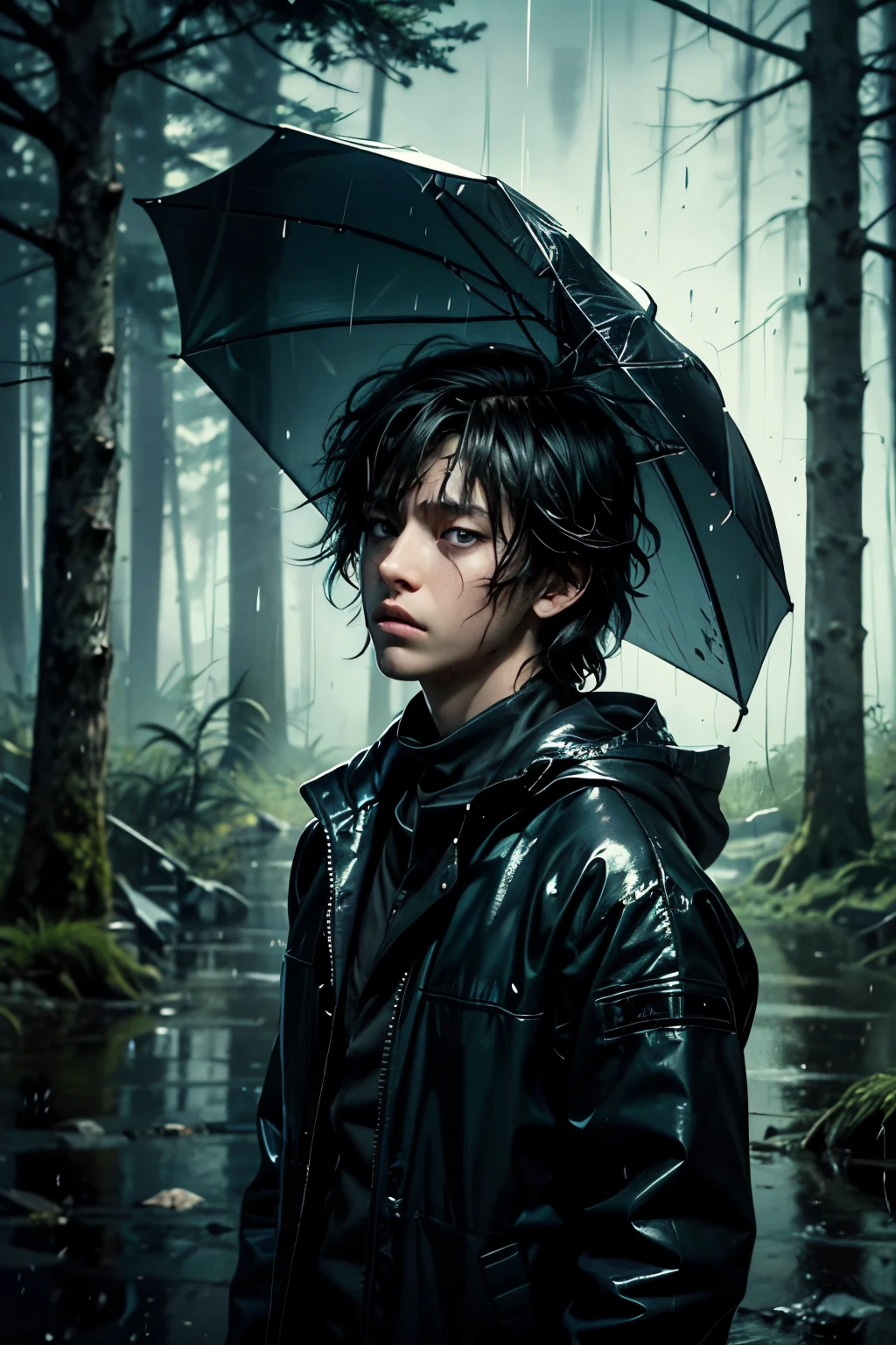 masterpiece, superfine illustration, best quality, 1boy, , (8 years old), solo, cute, semi long black hair, (messy hair:1.3), rain coat, serious, emotionless, expressionless, mysterious, heavy rain, rainy forest, midnight, dark