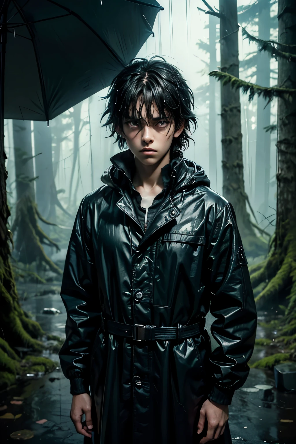 masterpiece, superfine illustration, best quality, 1boy, , (8 years old), solo, cute, semi long black hair, (messy hair:1.3), rain coat, serious, emotionless, expressionless, mysterious, heavy rain, rainy forest, midnight, dark