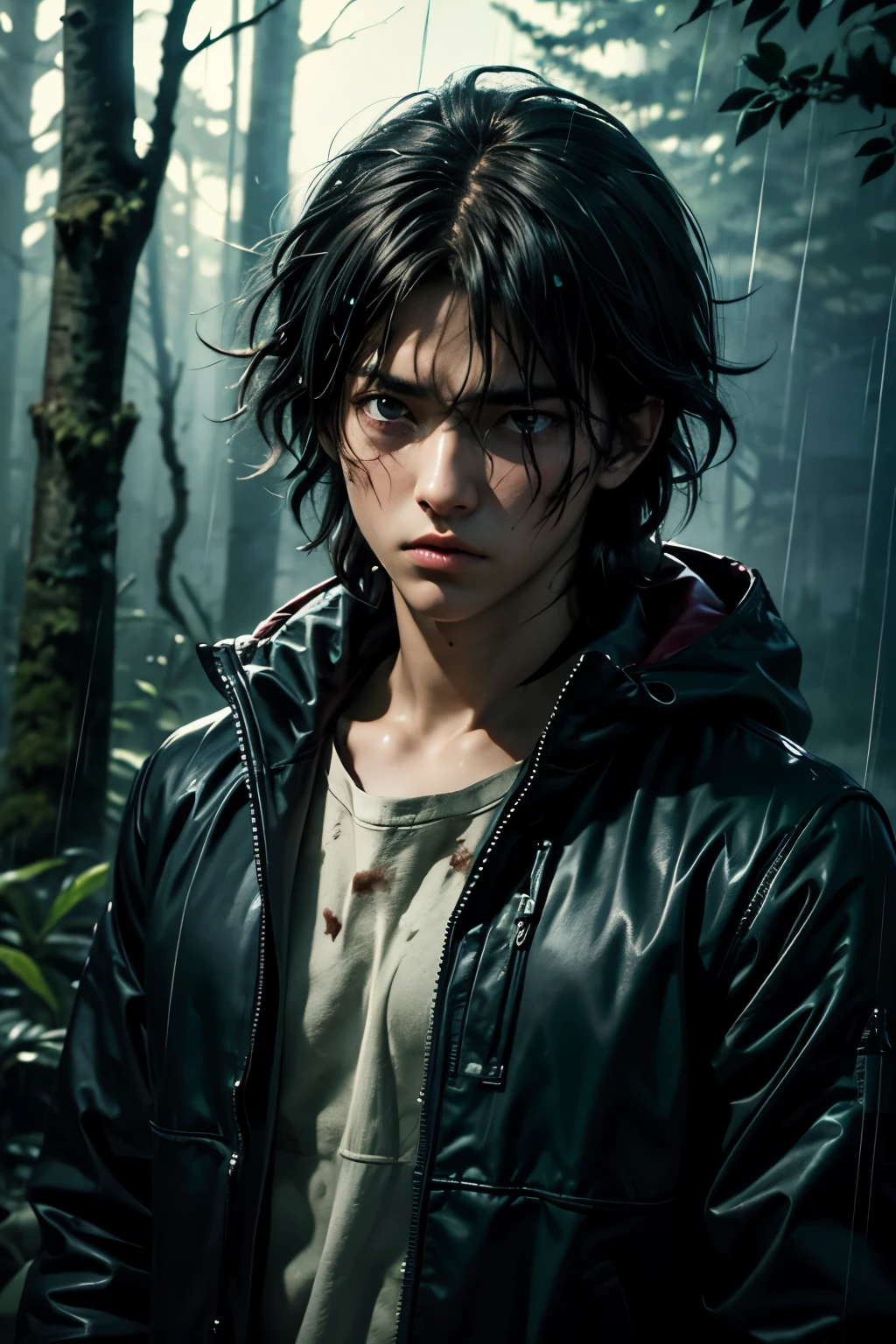 masterpiece, superfine illustration, best quality, 1boy, , (8 years old), solo, cute, semi long black hair, (messy hair:1.3), rain coat, serious, emotionless, expressionless, mysterious, heavy rain, rainy forest, midnight, dark