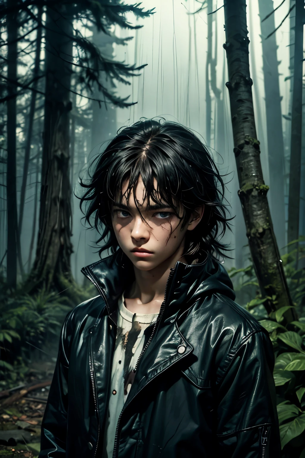 masterpiece, superfine illustration, best quality, 1boy, ((8 years old)), solo, cute, semi long black hair, (messy hair:1.3), rain coat, serious, emotionless, expressionless, mysterious, rainy forest