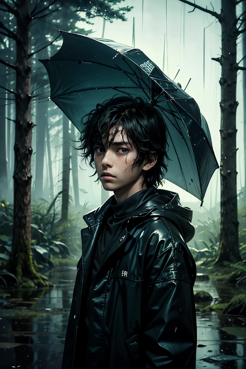 masterpiece, superfine illustration, best quality, 1boy, ((8 years old)), solo, cute, semi long black hair, (messy hair:1.3), rain coat, serious, emotionless, expressionless, mysterious, rainy forest