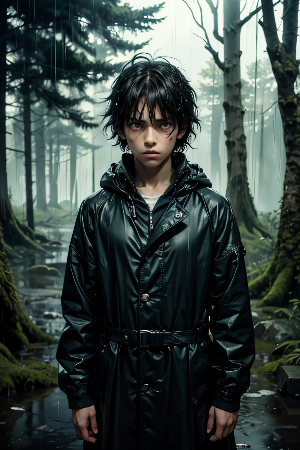 masterpiece, superfine illustration, best quality, 1boy, ((8 years old)), solo, cute, semi long black hair, (messy hair:1.3), rain coat, serious, emotionless, expressionless, mysterious, rainy forest