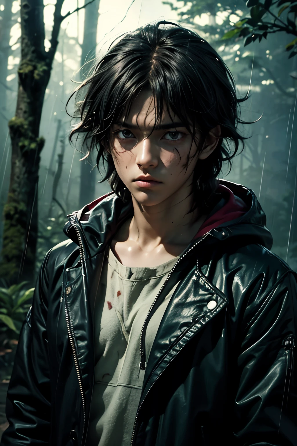 masterpiece, superfine illustration, best quality, 1boy, ((8 years old)), solo, cute, semi long black hair, (messy hair:1.3), rain coat, serious, emotionless, expressionless, mysterious, rainy forest