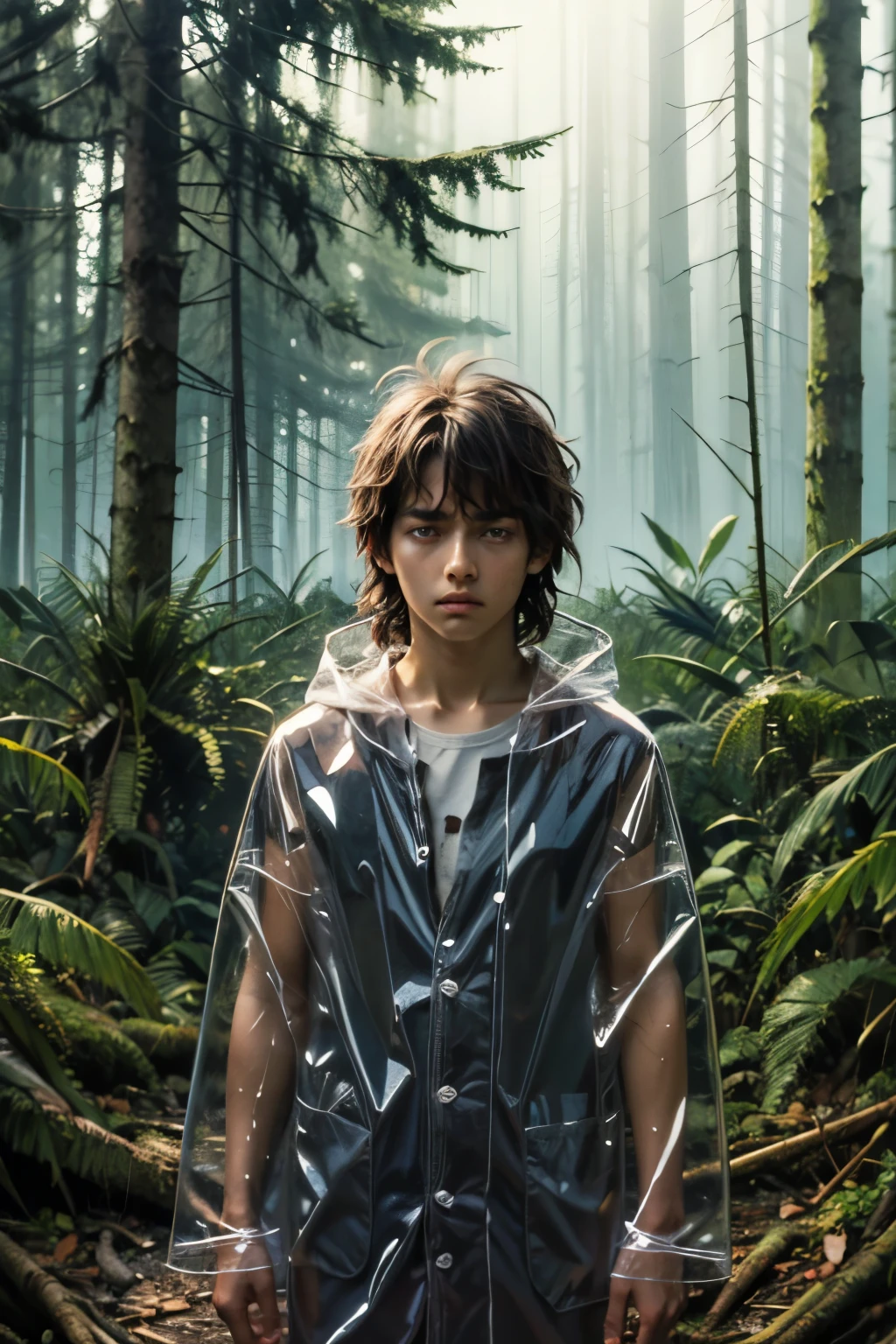 masterpiece, superfine illustration, best quality, 1boy, ((8 years old)), solo, cute, semi long black hair, (messy hair:1.3), transparent raincoat, serious, emotionless, expressionless, mysterious, rainy forest