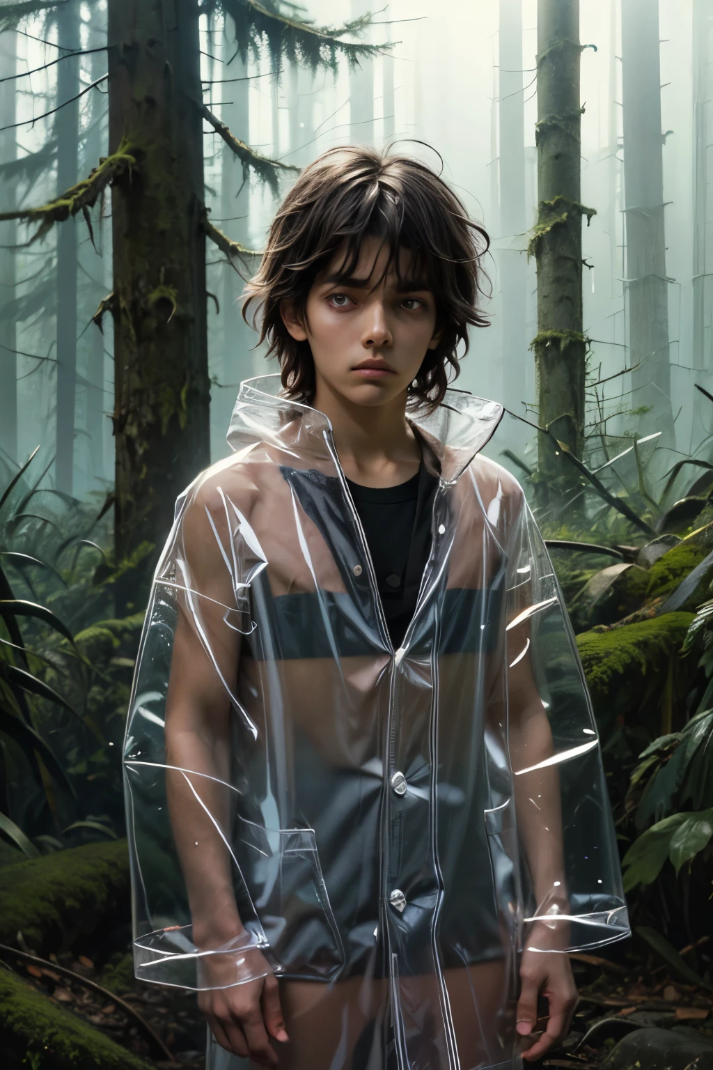 masterpiece, superfine illustration, best quality, 1boy, ((8 years old)), solo, cute, semi long black hair, (messy hair:1.3), transparent raincoat, serious, emotionless, expressionless, mysterious, rainy forest