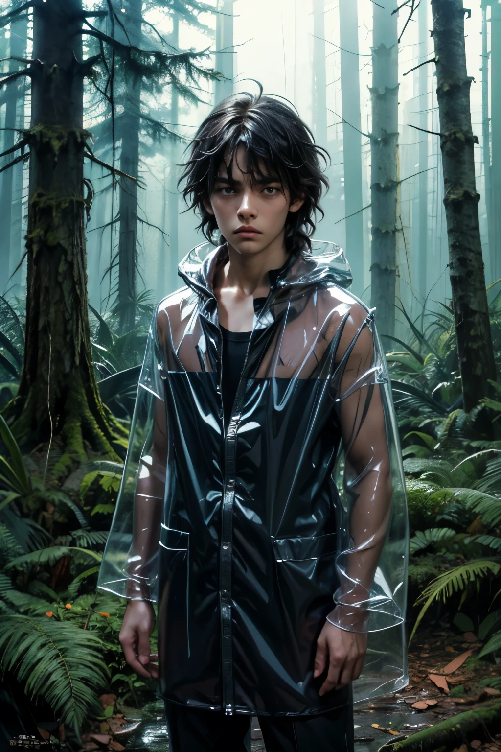 masterpiece, superfine illustration, best quality, 1boy, ((8 years old)), solo, cute, semi long black hair, (messy hair:1.3), transparent raincoat, serious, emotionless, expressionless, mysterious, rainy forest