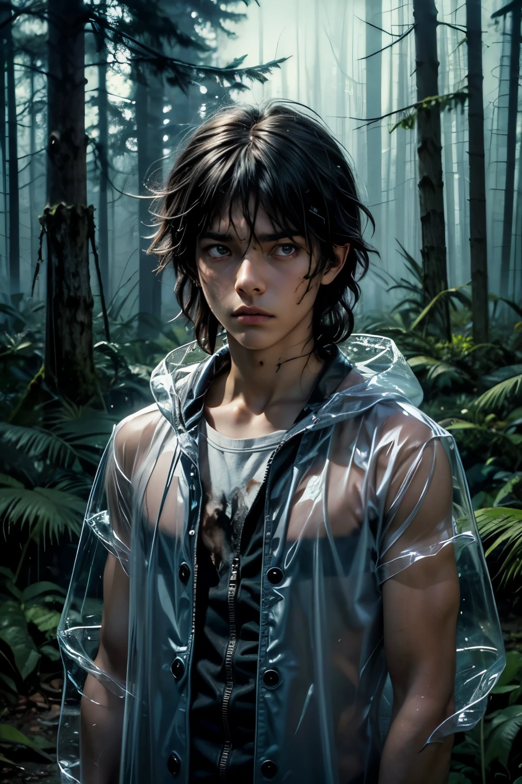 masterpiece, superfine illustration, best quality, 1boy, ((8 years old)), solo, cute, semi long black hair, (messy hair:1.3), transparent raincoat, serious, emotionless, expressionless, mysterious, rainy forest