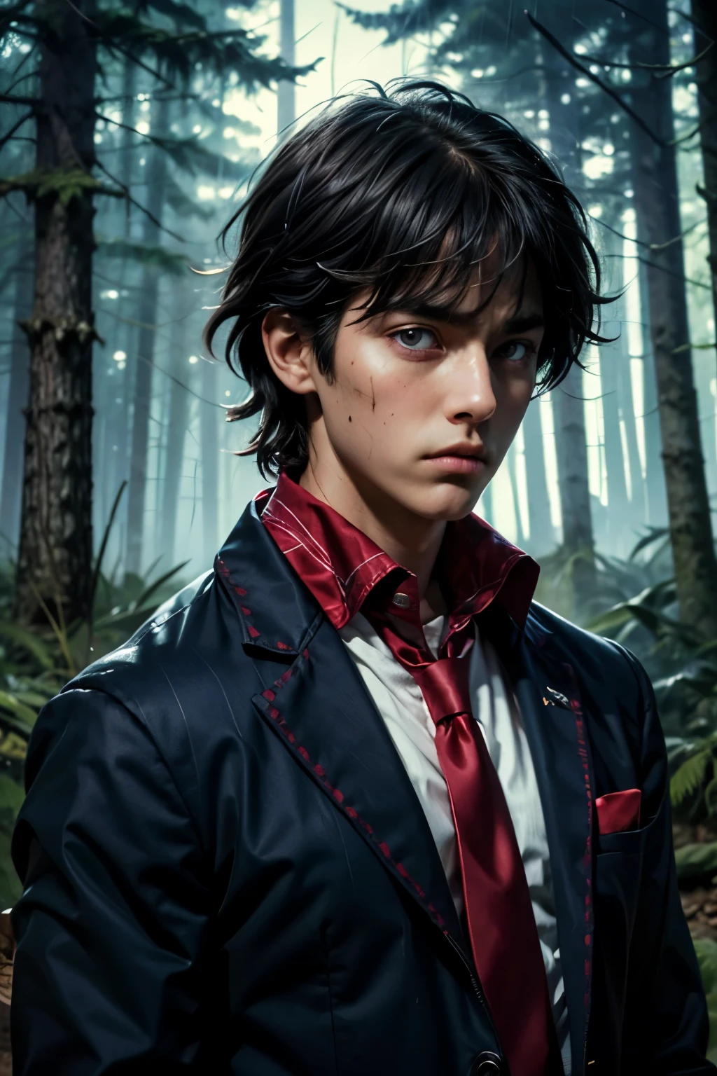 masterpiece, superfine illustration, best quality, 1boy, ((8 years old)), solo, cute, semi long black hair, (messy hair:1.3), navy blue blazer, red tie, slacks, transparent raincoat, serious, emotionless, expressionless, mysterious, rainy forest