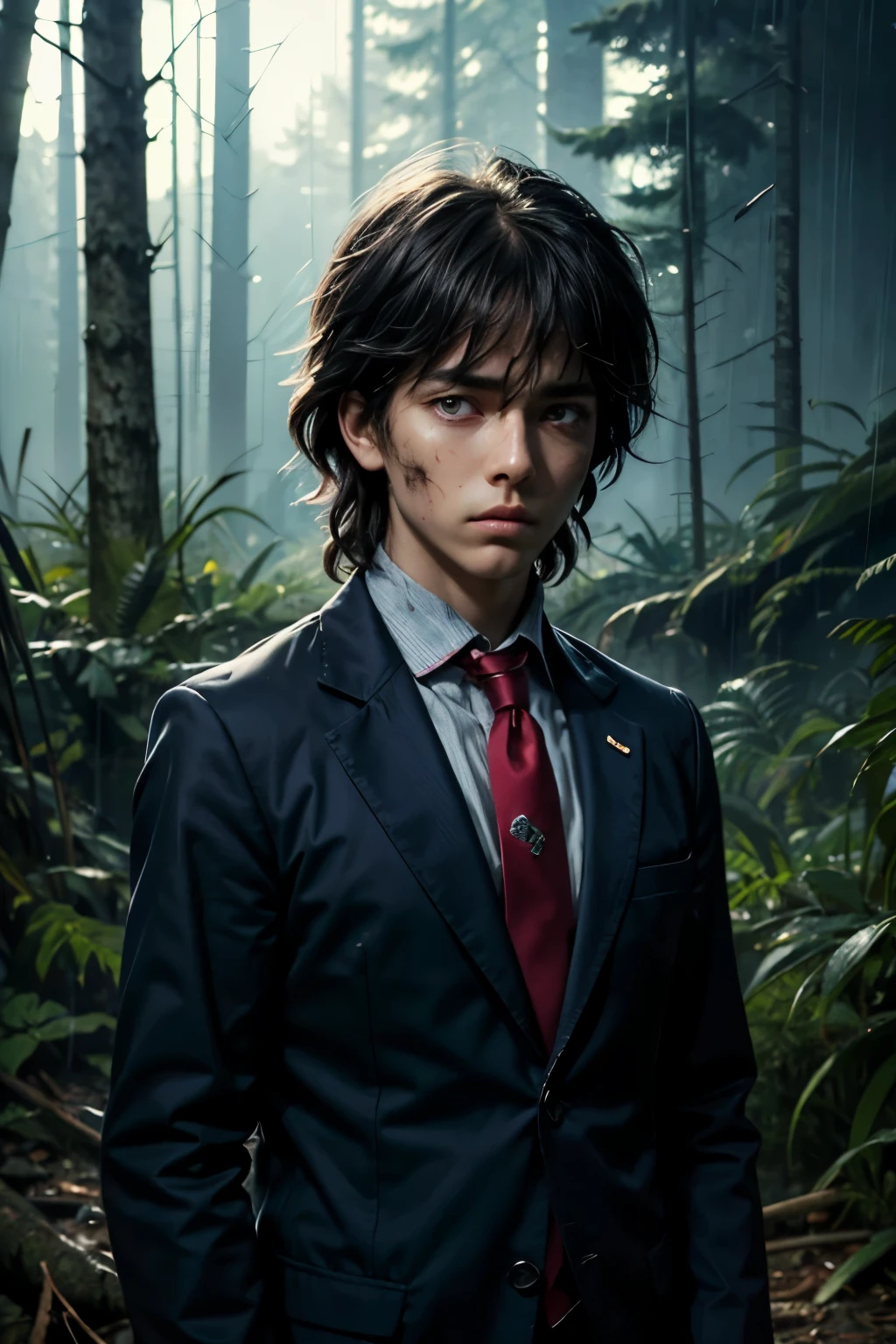 masterpiece, superfine illustration, best quality, 1boy, ((8 years old)), solo, cute, semi long black hair, (messy hair:1.3), navy blue blazer, red tie, slacks, transparent raincoat, serious, emotionless, expressionless, mysterious, rainy forest