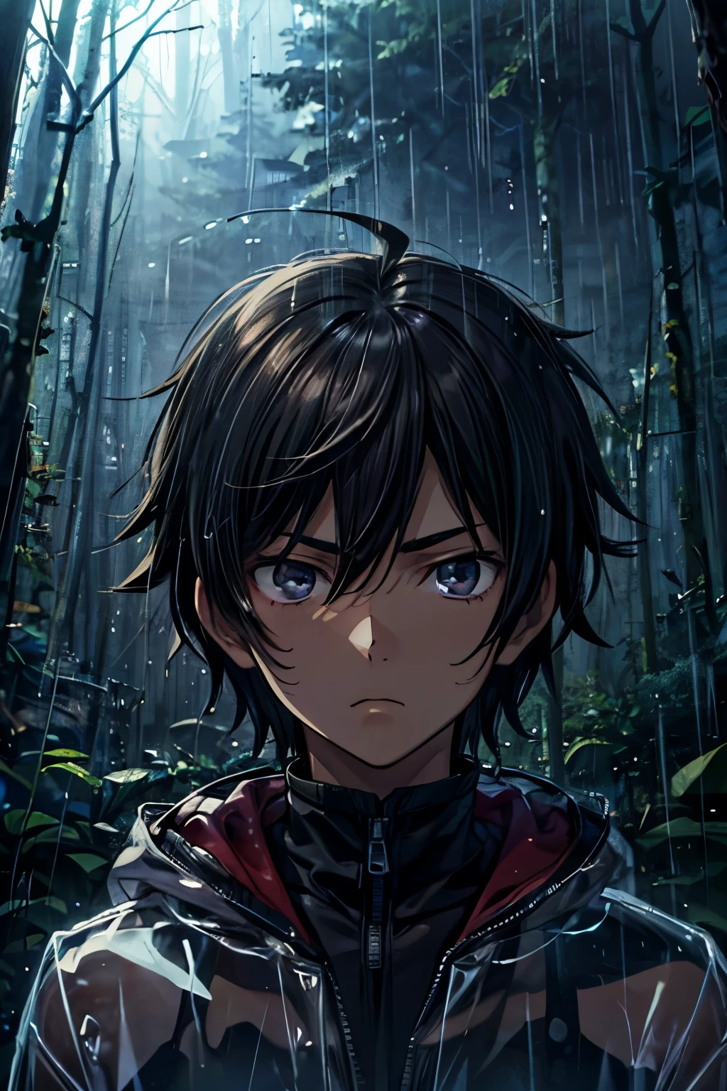 masterpiece, superfine illustration, best quality, 1boy, ((8 years old)), solo, cute, semi long black hair, (messy hair:1.3), transparent raincoat, serious, emotionless, expressionless, mysterious, rainy forest