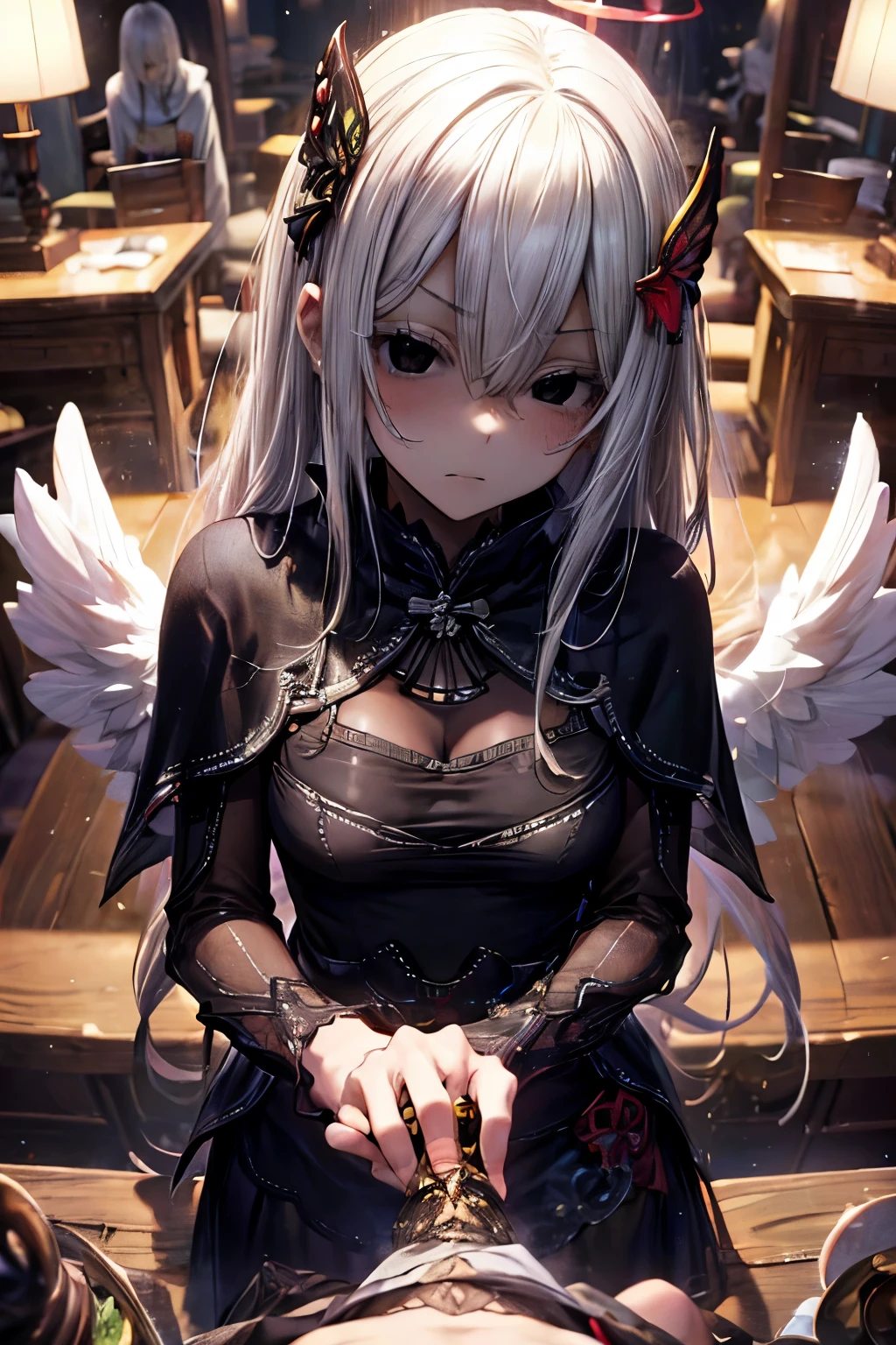 masterpiece, superfine illustration, best quality, 1girl, (1 naked boy:1.3), (pov), echidna, colored eyelashes, white hair, hair between eyes, long hair, straight hair, (black eyes:1.5), black capelet, black dress, butterfly hair ornament, capelet, dress, hair ornament, (good at tickling), claw pose, (hair over eyes:1.3), (wings), (angelic halo), cruel, serious, expressionless, emotionless, (very tired), dynamic style, inside of a Japanese pachinko palace