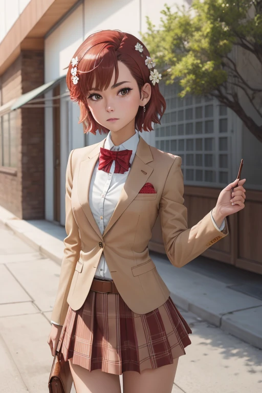 masterpiece, best quality, highres, aamikoto, short hair, hair flower, red bowtie, blazer, brown jacket, long sleeves, plaid skirt, standing, cowboy shot, outdoors