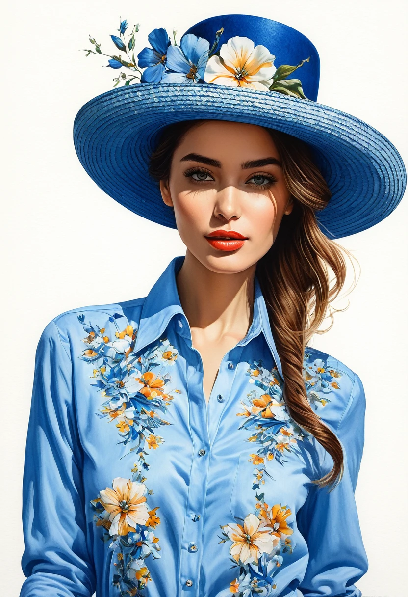 crea una mujer con sombrero elegante azul ,con camisa de flores, obra maestra, estilo ilustracion de Ali Erturk, alto detalle, hiperrealista, luz natural,ilustracion , colores llamativos
