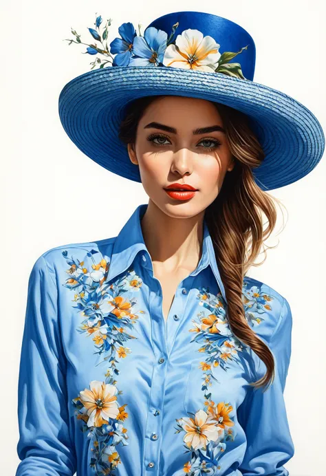 crea una mujer con sombrero elegante azul ,con camisa de flores, obra maestra, estilo ilustracion de ali erturk, alto detalle, h...