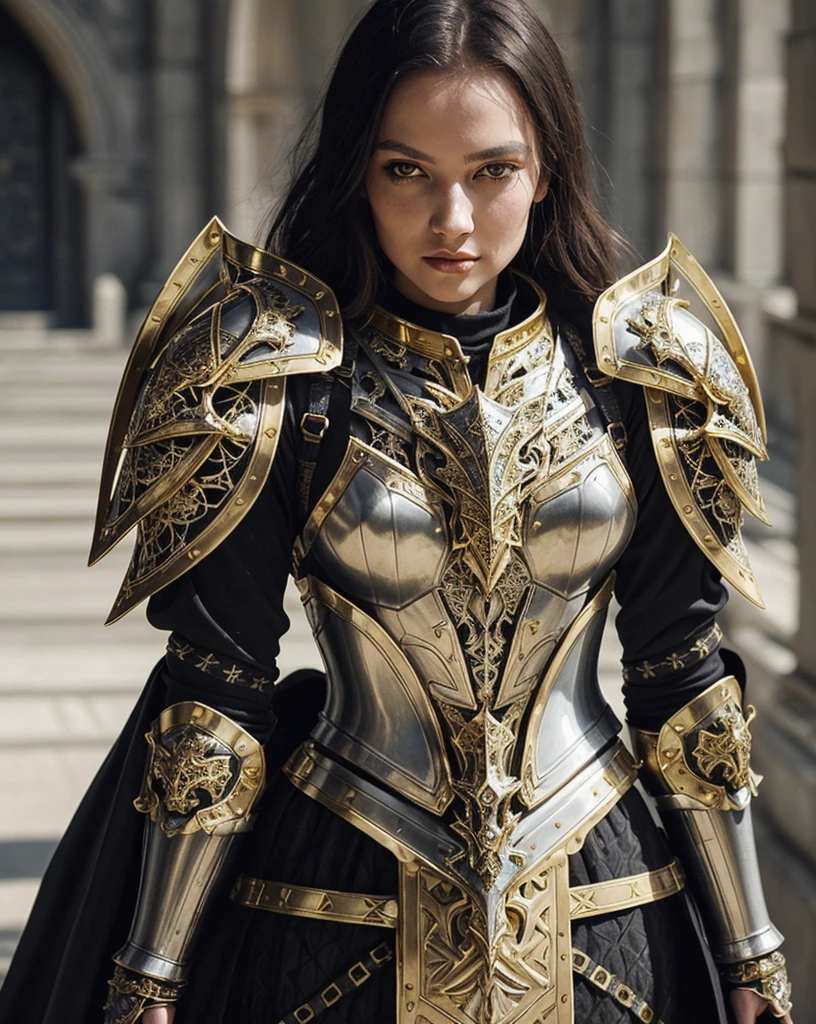 a close up of a woman in armor with a sword, stunning armor, wearing fantasy armor, very stylish fantasy armor, gold heavy armor. dramatic, beautiful armor, fantasy armor, black and gold armor, gothic armor, wearing ornate armor, intricate armour costumes, female armor, ornate gothic armor, ornate , wearing louis vuitton armor, girl in knight armor
