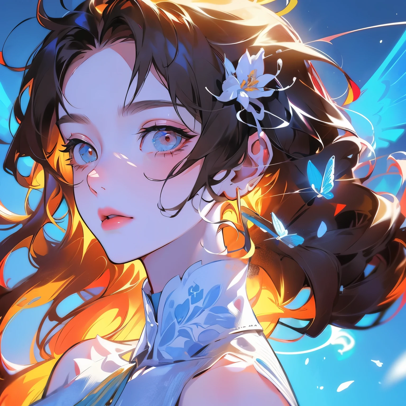 portrait, woman（best qualtiy）， （（tmasterpiece））， 1（solo），half-body portrait， Delicate face， looking at viewert， Firm eyes， exposed bare shoulders， Um ser celestial， light particules， The halo，the ocean， Full of energy， Colorful colors， （Bio-luminescence），（Detailed composition）， light