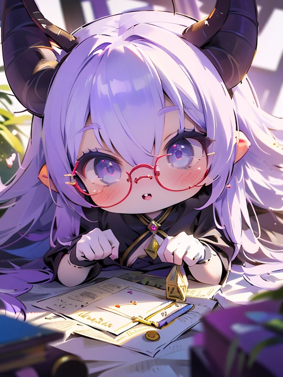 Masterpiece, distant attempt, HD12K quality, ultra detailed, she is a cute and very elegant little monster, wearing big glasses and an embroidered blue dress, lavender hair, purple eyes, dark skin, small horns, furry ears, very focused on a Kubrick's puzzle cube, colorful and mixed,
