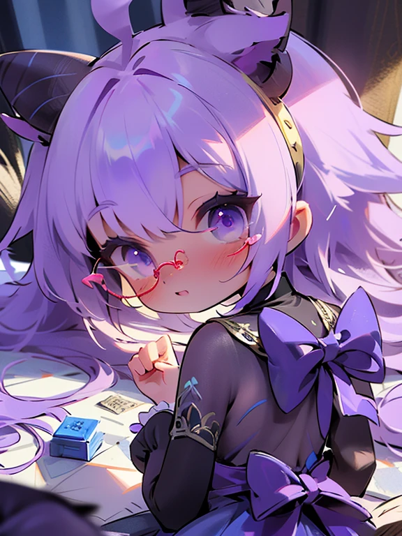 Masterpiece, distant attempt, HD12K quality, ultra detailed, she is a cute and very elegant little monster, wearing big glasses and an embroidered blue dress, lavender hair, purple eyes, dark skin, small horns, furry ears, very focused on a Kubrick's puzzle cube, colorful and mixed,