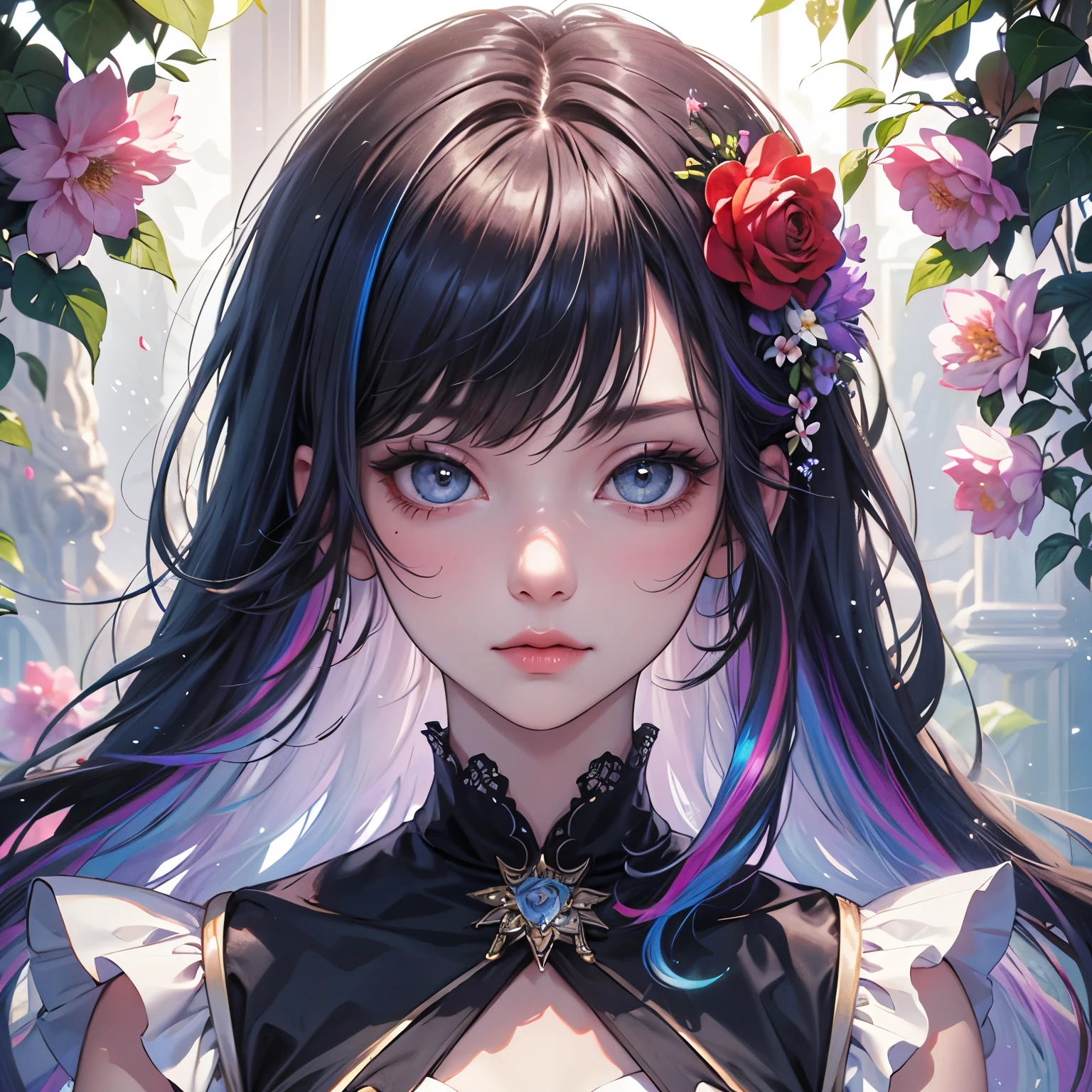 portrait woman,（In 8K, highest quality, pieces fly:1.2)、ultra high resolution,1 female 16 years old、super detailed face,fine eyes,,((rainbow hair)),asymmetrical bangs,((flower dress)),ruffle skirt,break,(rainbow light:1.4),botanical garden