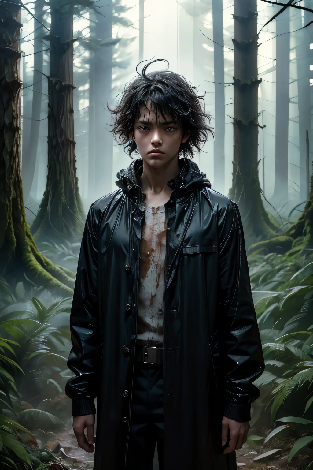 masterpiece, superfine illustration, best quality, 1boy, (8 years old), solo, cute, semi long black hair, (messy hair:1.3), rain coat, serious, emotionless, expressionless, mysterious, rainy forest