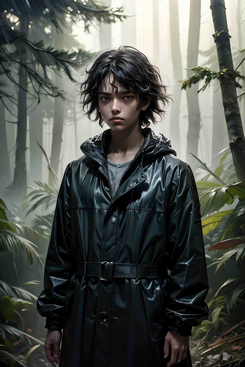 masterpiece, superfine illustration, best quality, 1boy, (8 years old), solo, cute, semi long black hair, (messy hair:1.3), rain coat, serious, emotionless, expressionless, mysterious, rainy forest