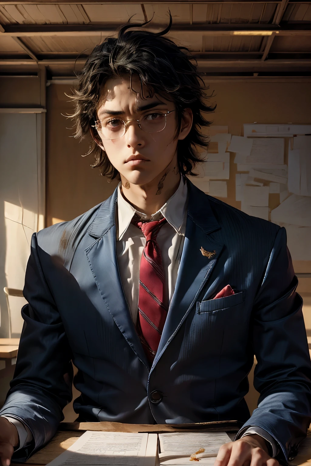 masterpiece, superfine illustration, best quality, 1boy, , solo, cute, black hair, (messy hair:1.3), glasses, navy blue blazer, red tie, slacks, serious, emotionless, expressionless, mysterious, classroom