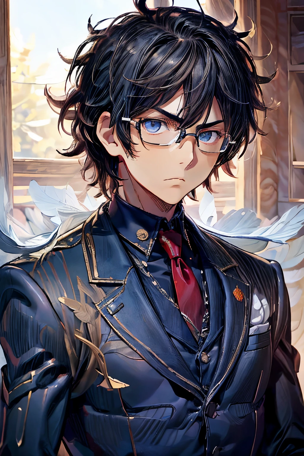 masterpiece, superfine illustration, best quality, 1boy, , solo, cute, black hair, (messy hair:1.3), glasses, navy blue blazer, red tie, slacks, serious, emotionless, expressionless, mysterious, classroom